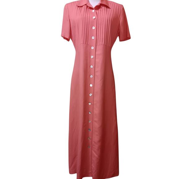 Long Linen Blend Midi Dress 6 Short Sleeves Pin Tucks‎ Retro Party Romantic Pink - Picture 10 of 11
